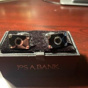 Jos. A. Bank Black and Silver Rectangular Cufflinks with Center Circle